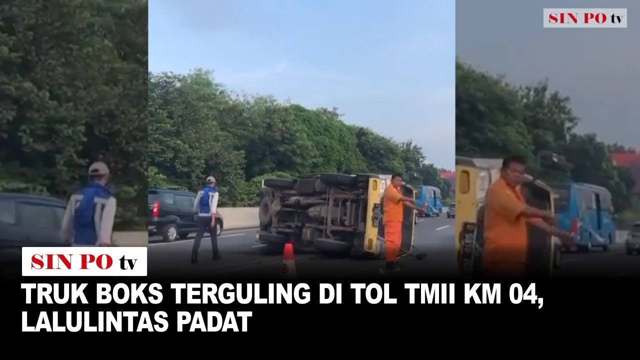 Truk Boks Terguling di Tol TMII KM 04, Lalulintas Padat