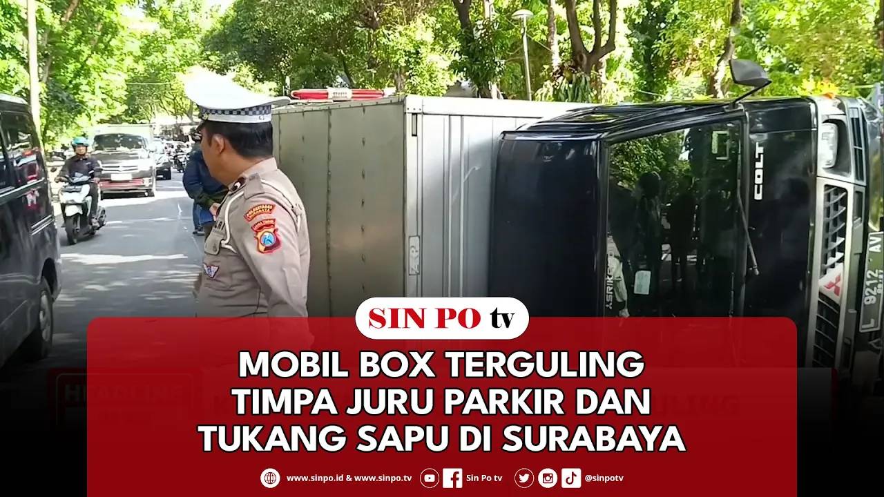 Mobil Box Terguling Timpa Juru Parkir Dan Tukang Sapu Di Surabaya