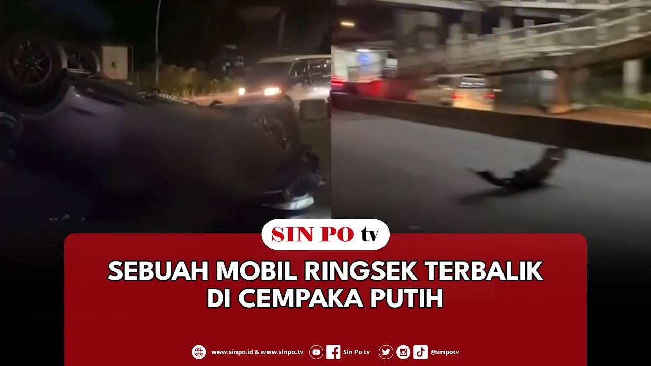 Sebuah Mobil Ringsek Terbalik Di Cempaka Putih