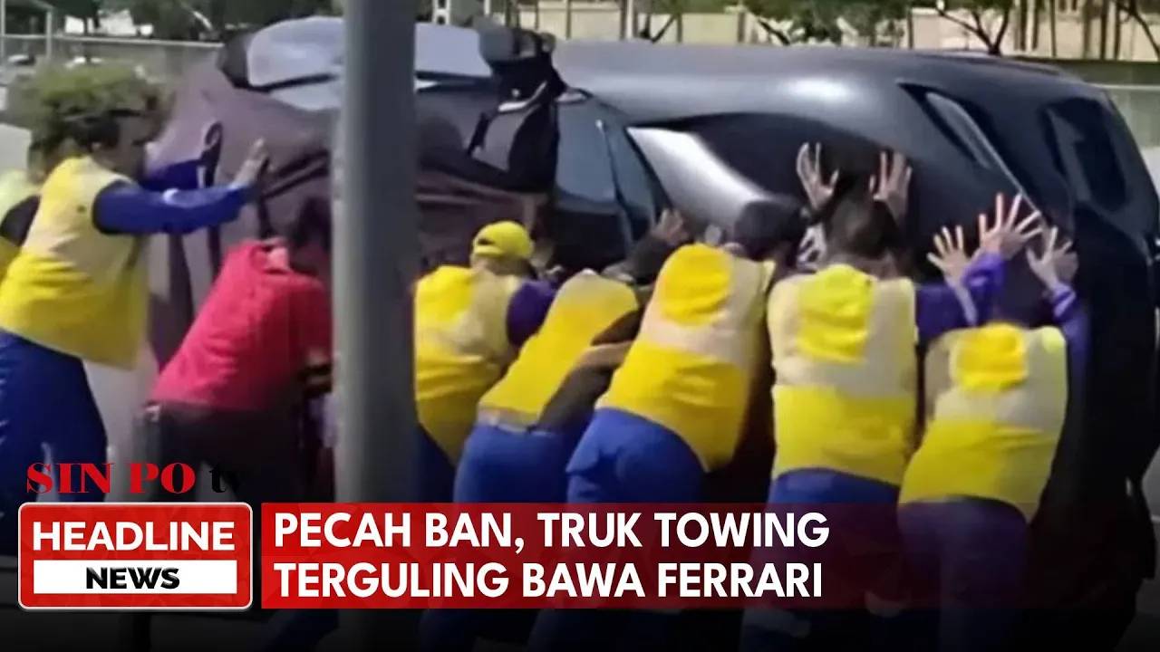 Pecah Ban, Truk Towing Terguling Bawa Ferrari