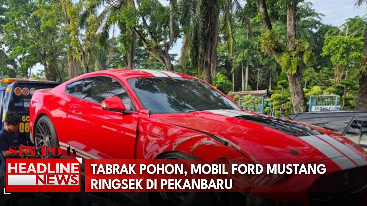 Tabrak Pohon, Mobil Ford Mustang Ringsek di Pekanbaru