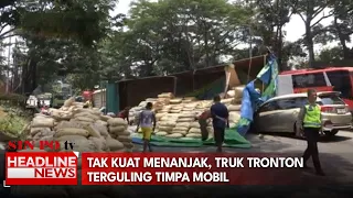 Tak Kuat Menanjak, Truk Tronton Terguling Timpa Mobil